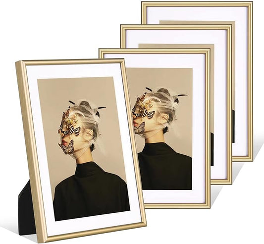 Fkvat 4x6 Picture Frame Set of 4, Matted Brass Simple Modern Brushed Thin Aluminum Metal Photo Frame Fits 3x5 with Mat or ...