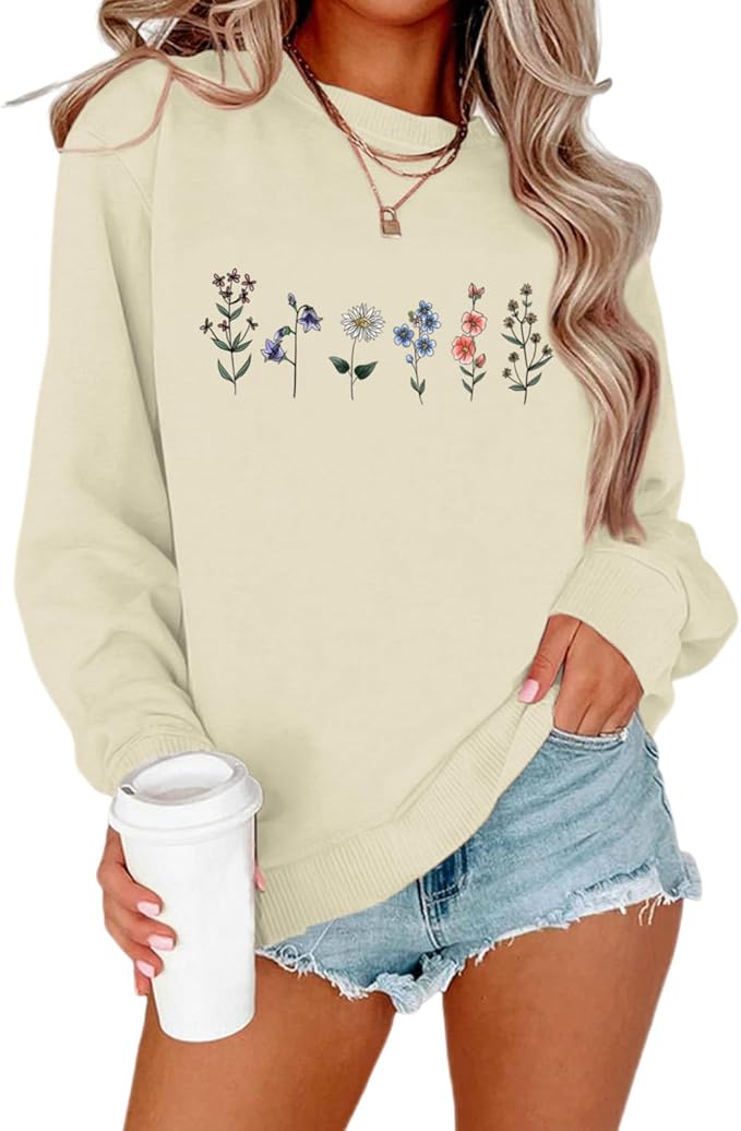 Lytiarul Flower Graphic Sweatshirt for Women Floral Printed Vintage Long Sleeves Shirt Crewneck Hoodie Loose Pullovers Tops