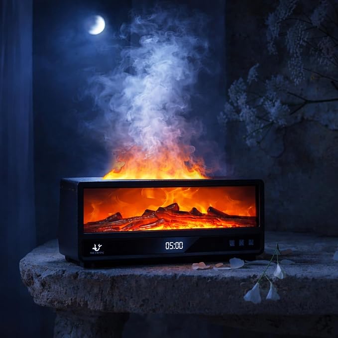 Fireplace Flame Humidifier, 250ml Cool Mist Diffuser with Remote Control, 7-Color LED Night Light, Quiet Aromatherapy Humi...