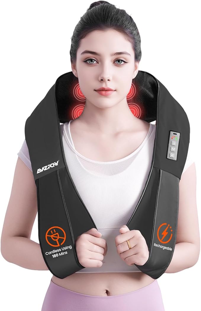 AMZPONY® Cordless Neck Massager for Pain Relief Deep Tissue, Rechargeable Shiatsu Neck and Back Massager with Heat Kneadin...