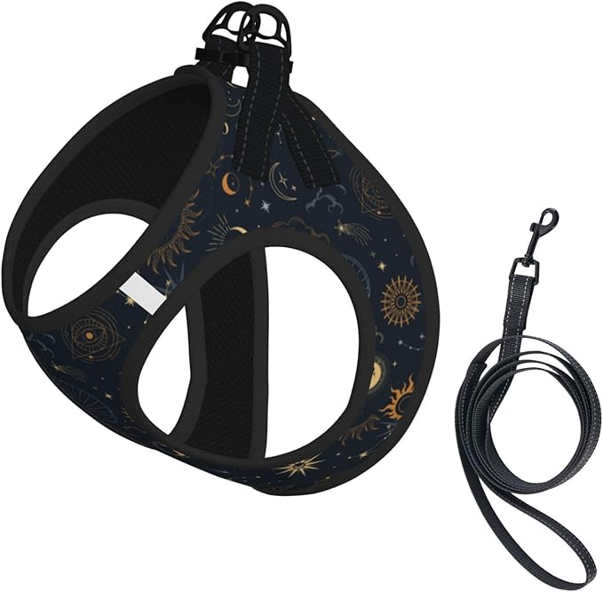 Dog Harness and Leash Set with Celestial Moon Star Pattern, Breathable Mesh Vest with Reflective Strips, Adjustable No Pul...