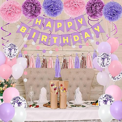 Purple Pink Birthday Party Decorations for Women Girls with Happy Birthday Banner,Hanging Swirls,Tissue Paper Pompoms,Circ...