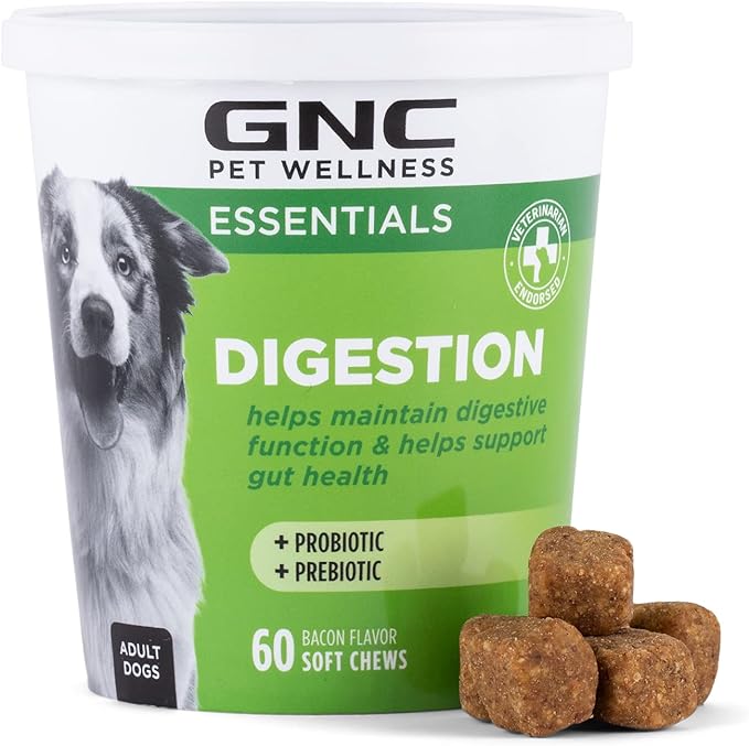 GNC Pets Essentials Dog Probiotic Soft Chews for Digestive Support, Bacon Flavor Daily Supplement with Prebiotics, Probiot...