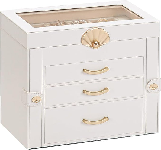 Enthralite Jewelry Box with 3 Drawers: Display Organizer for Earrings Necklaces - Gift for Girls Women (White)
