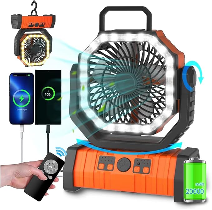 ADUST Camping Fan - 20000mAh Battery Powered Fan Battery Operated Rechargeable Portable Outdoor Tent Fans with Hanging Hoo...
