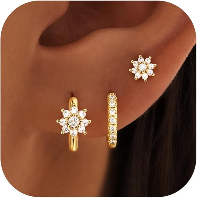 3 Pairs Gold Green Huggie Earrings for Women Stackable, Small Dainty Cartilage Helix Hoops & Hypoallergenic Earring Set, C...