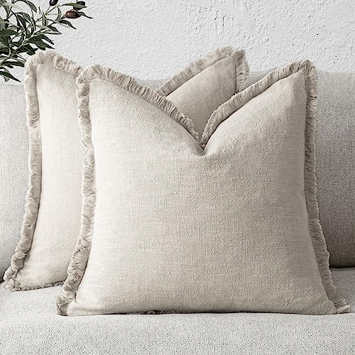 Foindtower Set of 2 Decorative Linen Fringe Throw Pillow Covers Cozy Boho Farmhouse Cushion Cover with Tassels Soft Accent...