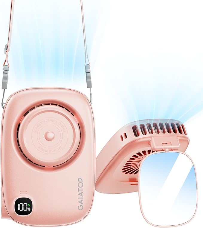 Gaiatop Mini Neck Fan, Rechargeable Handheld Desk Use, LED Power Display 3 Speed 360°Rotate Mirror for Lash Makeup, Cute C...