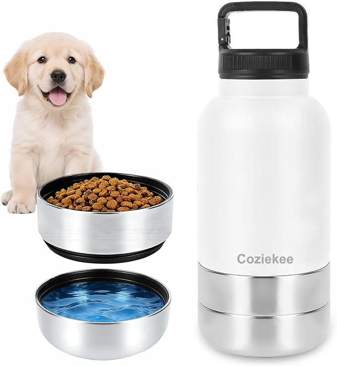 3-in-1 Dog Water Bottle Portable, 32oz Insulated Stainless Steel Pet Water Dispenser with 2 Detachable Travel Dog Bowls fo...