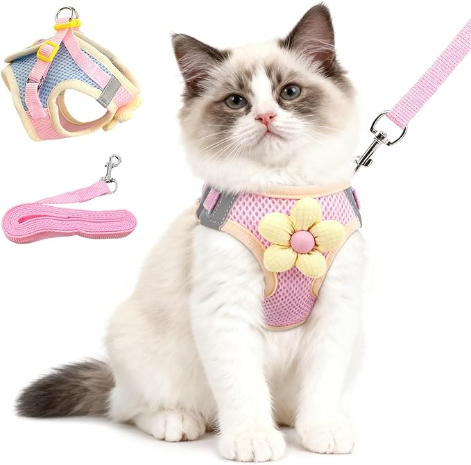 Cat Harness and Leash Set Escape Proof, Adjustable Leash & Breathable Mesh Vest with Reflective Strips & Flower, (S)