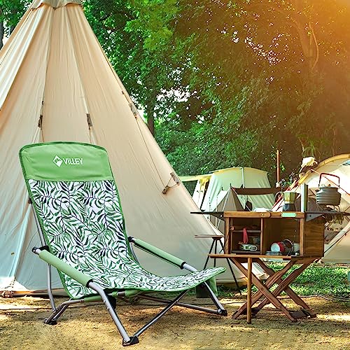 VILLEY Low Beach Chair, High Back Folding Beach Chair for Adults, Lightweight and Portable for Outdoor, Beach, Camping, La...