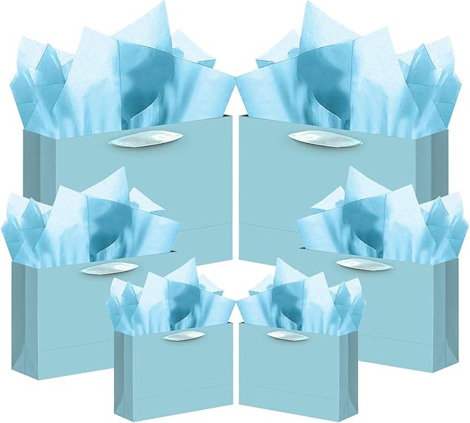 qiqee 10PCS Lake Blue Gift Bags with Ribbon Handles Mulit Assorted Sizes Gift Wide Bags (2pcs Large 13", 4pcs Medium 9.6",...