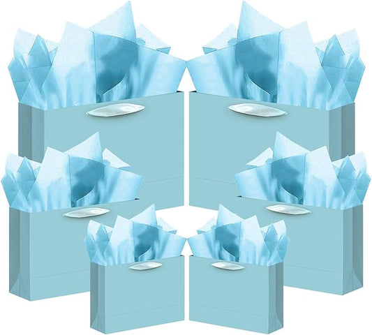 qiqee 10PCS Lake Blue Gift Bags with Ribbon Handles Mulit Assorted Sizes Gift Wide Bags (2pcs Large 13", 4pcs Medium 9.6",...