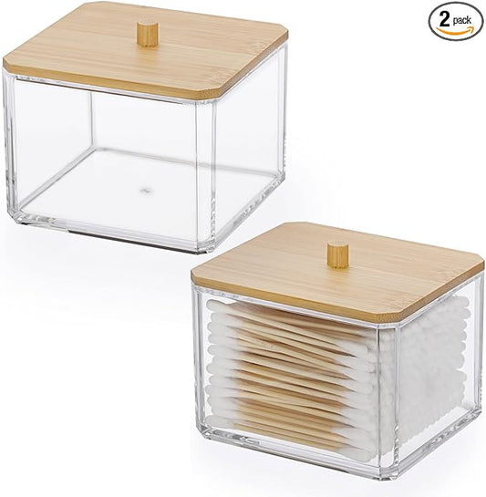Hipiwe Acrylic Qtip Holder 2 Pack Cotton Swab and Ball Organizer with Lid Bathroom Q-tip Dispenser Clear Acrylic Apothecar...
