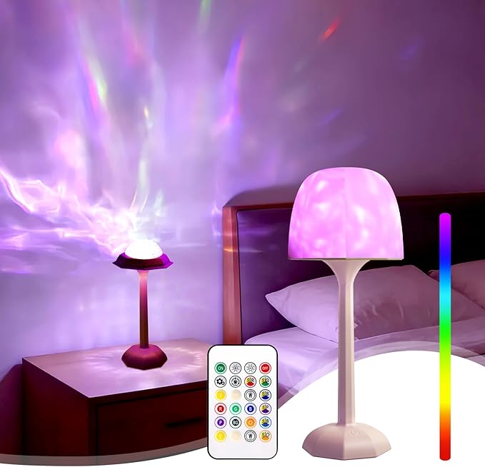DEXULESA Rechargeable Table Lamp with Remote Control, 16 Color Changing LED Night Light with Water Ripple Projection, Adju...