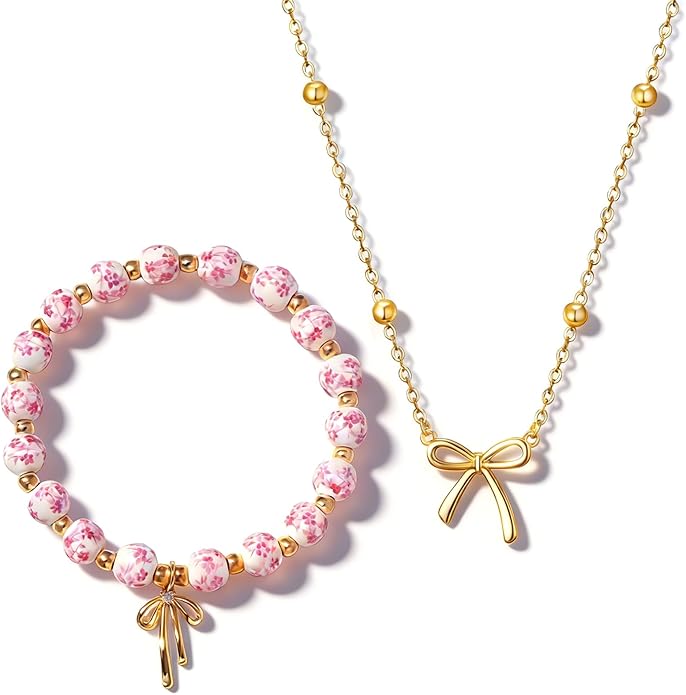 AUSGER Flower Beads Bow Charm Bracelet Necklace Set for Women, 14K Gold Beaded Gold Bow Bracelet Handmade Stretch Dainty R...
