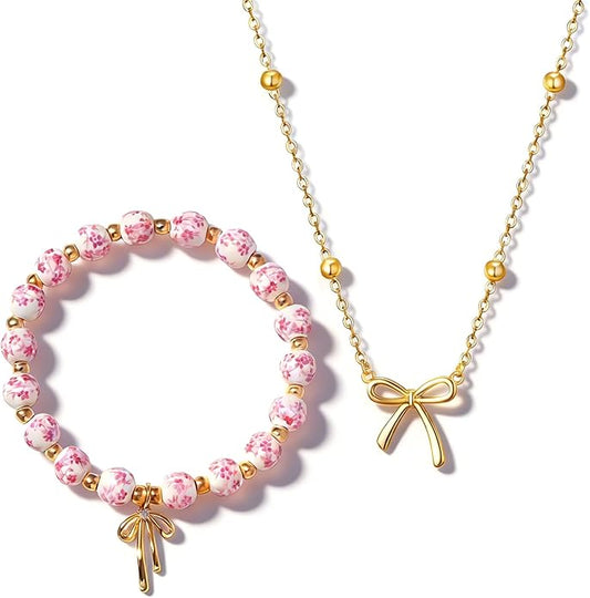 AUSGER Flower Beads Bow Charm Bracelet Necklace Set for Women, 14K Gold Beaded Gold Bow Bracelet Handmade Stretch Dainty R...
