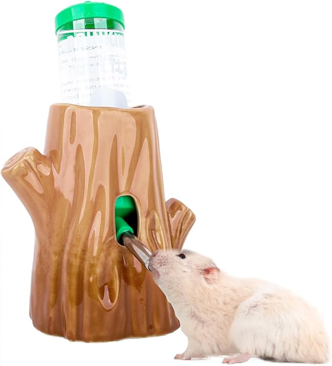 HJLSWXKQ Stump-Shaped Ceramic Hamster Water Bottle - Leak Proof Small Animal Waterer with Bracket, 4.27oz(125ML) for Syria...