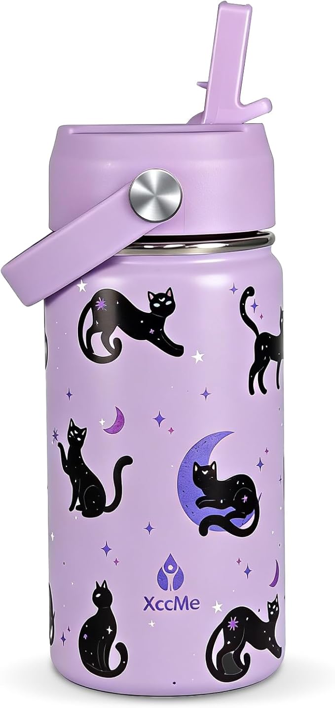 XccMe 14oz Cat Kids Water Bottle With Straw Lid,Stainless Steel Travel Bottle,Double Wall Leak Proof & BPA-FreeKids Cup,In...