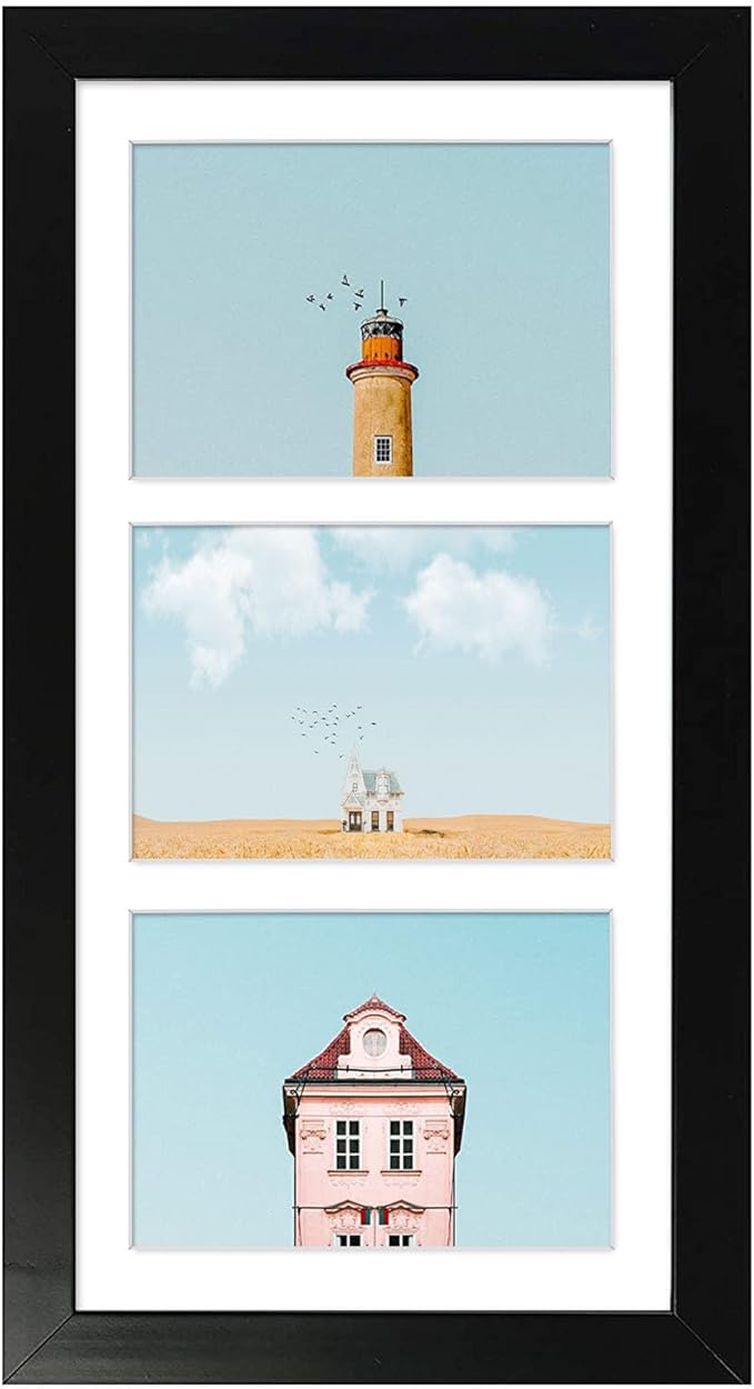 Golden State Art, 7x14 Black Photo Wood Collage Frame with Mat displays (3) 4"x6" Pictures