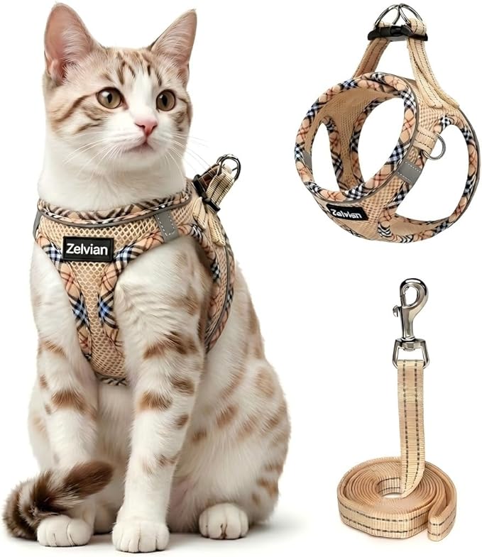 Zelvian Cat Harness and Leash Set for Walking, Escape Proof Adjustable Soft Mesh Kitten Harness with Reflective Strips, Br...