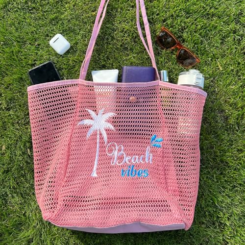 ukia Mesh Beach Tote, Large Capacity Beach Bags for Women Foldable Beach Tote Bag with Zipper Pocket
