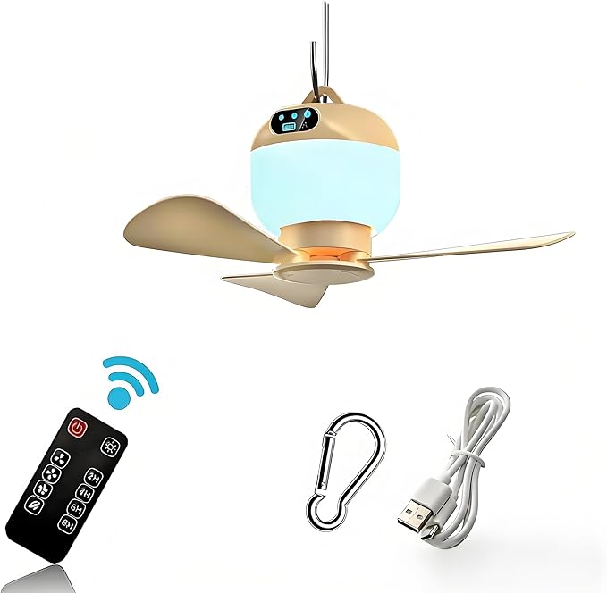 Negxi Camping Fan with Light & Remote, Portable Ceiling Fan for Tents, Canopy, Beach, RV, Car, Camper & Outdoor, Wireless ...