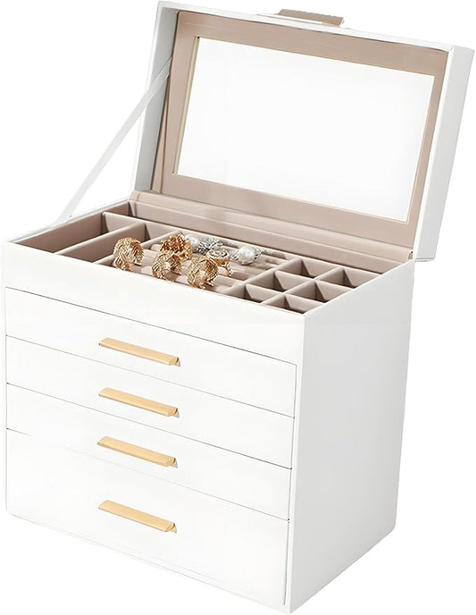 Irosiy 5 Layer Jewelry Box for Women, Glass Lid Jewelry Organizer with 5 Drawers for Necklaces Rings Earrings Bracelets(Pe...
