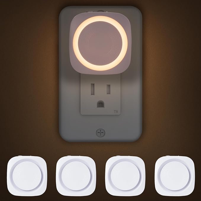 Warm Night Lights Plug into Wall, 4 Packs Dimmable Night Light with Dust to Dawn Sensor, Automatically Turn on and Off, Ge...