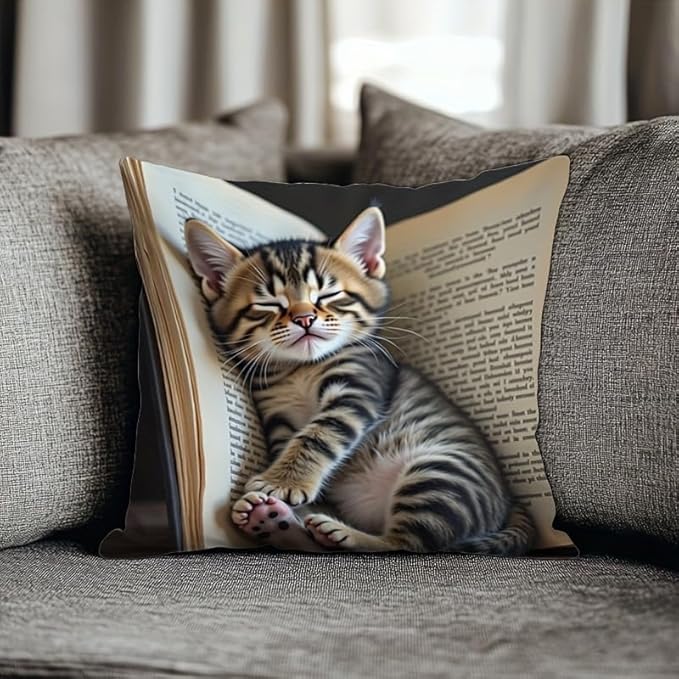 avpdupu Cat Pillow Cover 18x18 Inch Square Linen - Cute Animal Pillow Cover with Adorable Cat Design, Soft Decorative Thro...