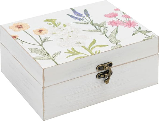 Synovana Small Decorative Box with Hinged Lid Wooden Handmade Keepsake Storage Box Floral Printed Jewelry Box Rustic Trink...