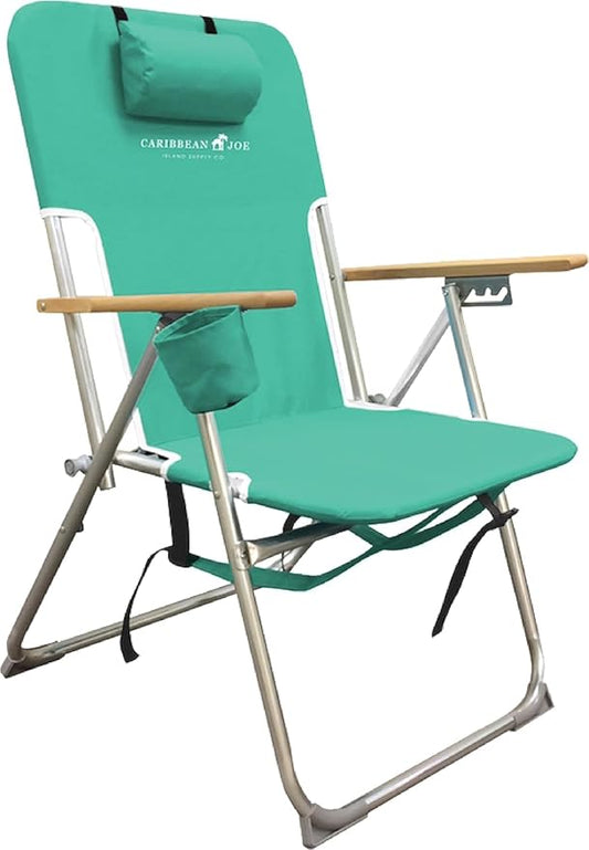 CARIBBEAN JOE Folding Beach Chair, 4 Position Portable Backpack Foldable Camping Chair with Headrest, Cup Holder, and Wood...