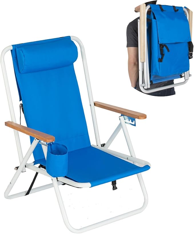 Outvita Folding Beach Chair Adjustable Headrest w/4 Flexible Tilt Angle, Cup Holder Portable High Strength Cleanable Fabri...