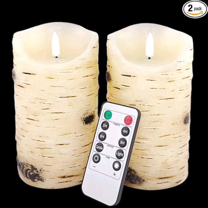 Flameless Candles LED Candles Birch Bark Effect Set of 2 (D:3.25" X H:6") Ivory Real Wax Pillar Battery Operated Candles w...