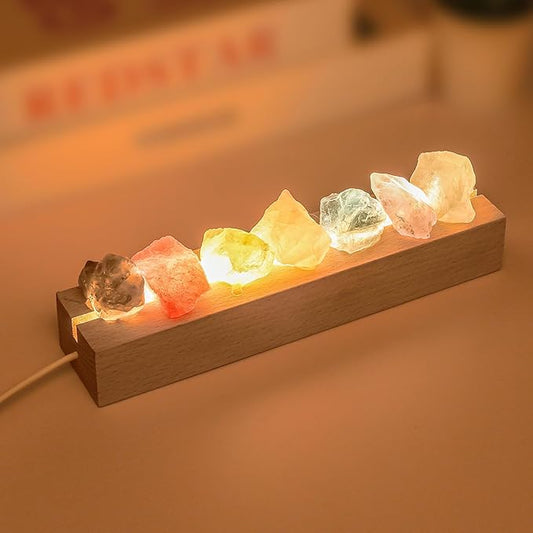 HYAMVOR Healing Crystal Night Light,7 Chakra Stones Bedside Lamp,Mood Light with Wooden LED Light Base,Healing Stones Posi...