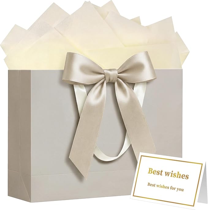 Laidans 13" Gift Bag with Handles and Bow Ribbon, Large Gift Bag with 3 Tissue Paper and 1 Card for Birthdays, Baby Shower...