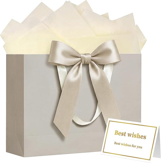 Laidans 13" Gift Bag with Handles and Bow Ribbon, Large Gift Bag with 3 Tissue Paper and 1 Card for Birthdays, Baby Shower...