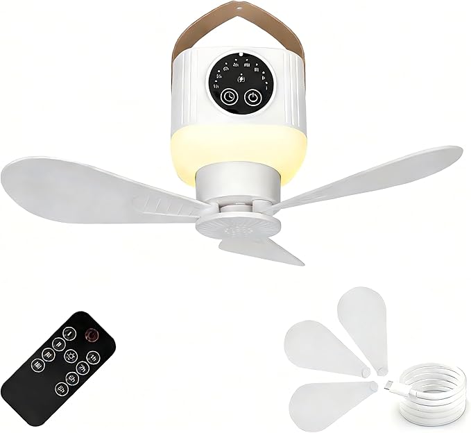 Portable Camping Fan, 7200 mAh Tent Fans with LED Light, Remote Control, Detachable Blades and Hook 4 Speeds 3 Brightness ...