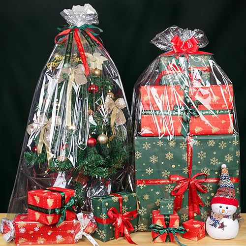 JOYIT 10PCS Extra Large Cellophane Wrap for Gift Baskets, 30x40 Inch Clear Cellophane Bags with 10 Red Bows, 3 Mil Thicker...
