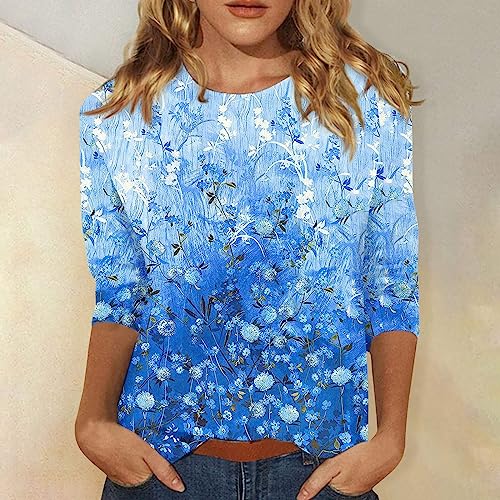 Women's 3/4 Sleeve Crew Neck Tops Floral Print Tunic Cute Loose Basic Tee Shirts Casual Trendy Blouses Spring Summer