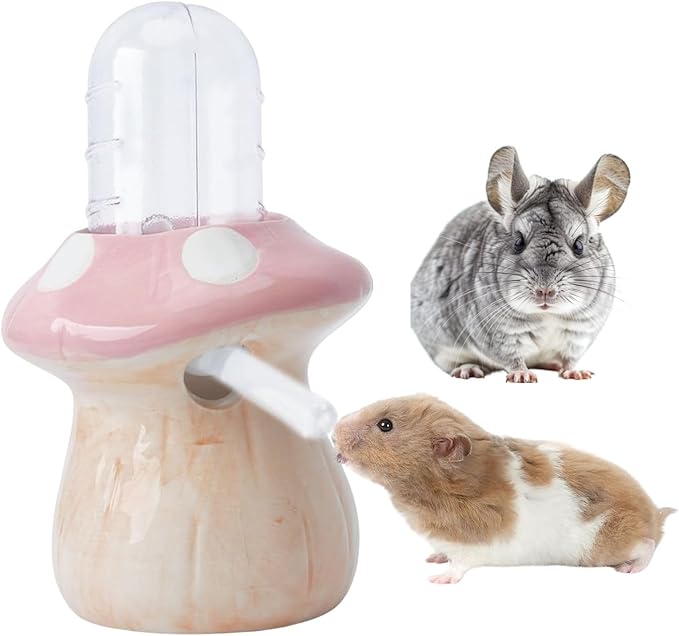 Saim Hamster Water Bottle with Mushroom Ceramic Stand - Automatic Water Dispenser for Small Animals,Chew Proof Gerbil Wate...
