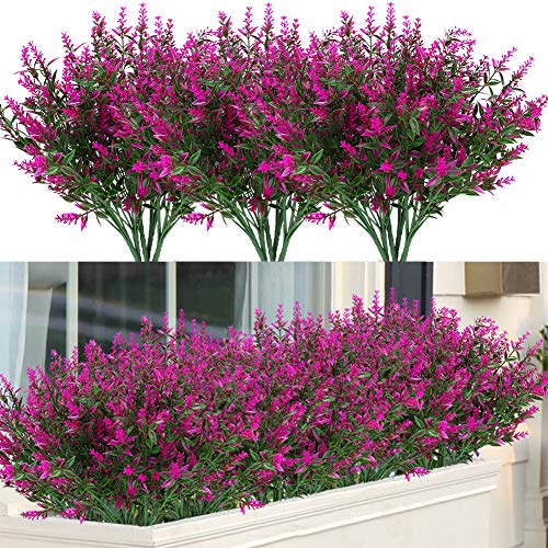 ArtBloom 16 Bundles Outdoor Artificial Lavender Fake UV Resistant No Fade Flowers Shrubs, Faux Plastic Greenery for Hangin...