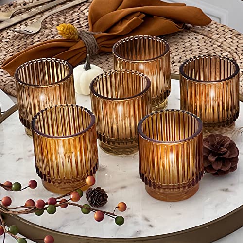 Kate Aspen Vintage Glass Tealight & Amber Votive Candle Holders (Set of 6) Rustic Fluted Candle Holder Set, Boho Home Deco...