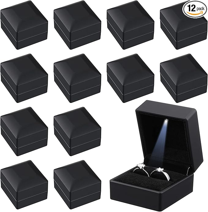 Yinkin 12 Pcs Black Velvet Jewelry Boxes LED Light Display Ring Necklace Bracelet Chain Gift Box Bulk Wedding Proposal Ann...