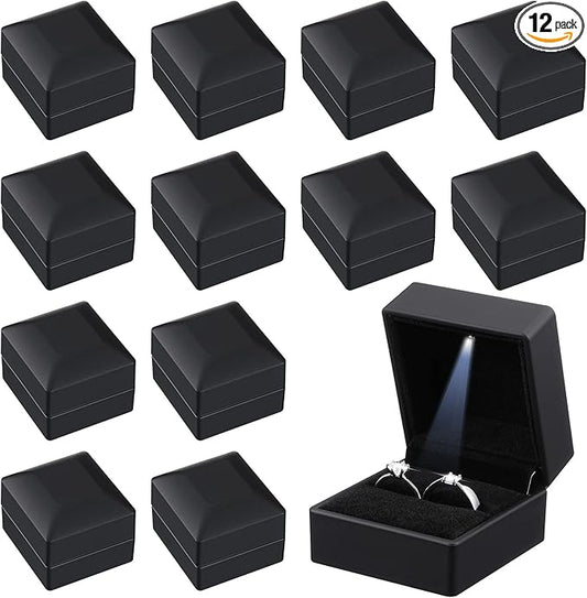 Yinkin 12 Pcs Black Velvet Jewelry Boxes LED Light Display Ring Necklace Bracelet Chain Gift Box Bulk Wedding Proposal Ann...