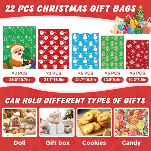 BlessedSeason 22PCS Gift Bags Set, 5 Styles Bags for Gifts, Holiday Reusable Santa Gift Bag (3 X-Large, 3 Large, 5 Medium,...