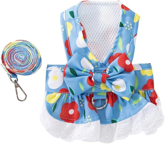 Anelekor Floral Dog Harness and Leash Set - Bow Knot Girl Puppy Princess Skirt with D-Ring Mesh Summer Pet Clothes for Cat...