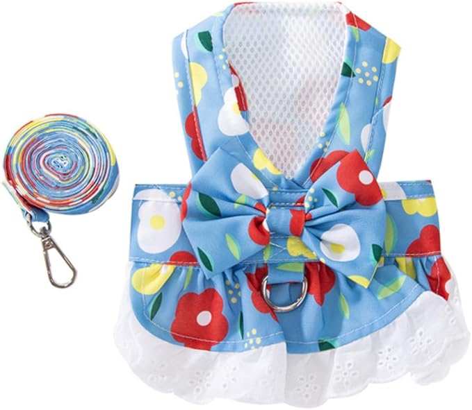 Anelekor Floral Dog Harness and Leash Set - Bow Knot Girl Puppy Princess Skirt with D-Ring Mesh Summer Pet Clothes for Cat...