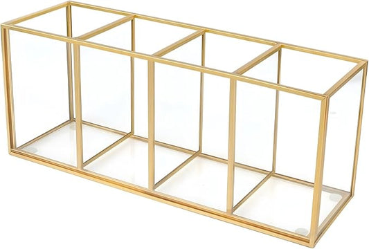 Toyosport Gold Pencil Holder, Gold Makeup Brush Holder, 4-Compartment Desktop Organizer, Transparent Glass Holder, Ideal f...