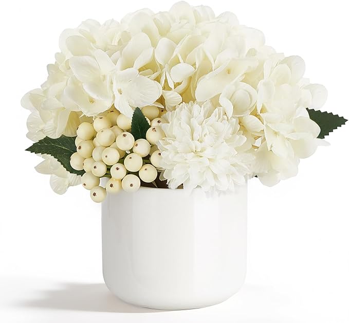 Dahey Hydrangea Artificial Flowers in Small Ceramic Vase, Fake Flower Floral Arrangements for Living Room Bathroom Dining ...